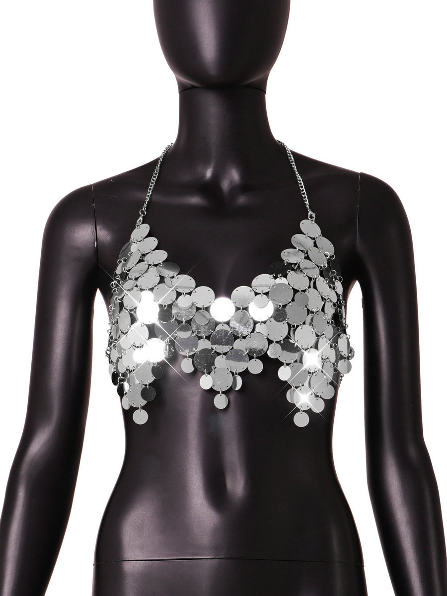Sequin Backless Chain Strap Tank Top - BsBuy