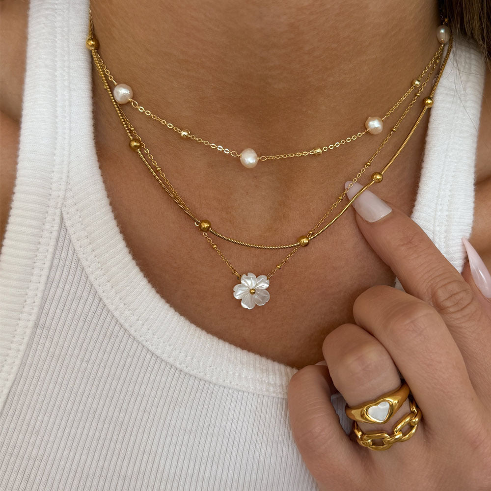 Natural Pearl Necklace Stainless Steel Layered Chain Heart Clasp Shell Pendant